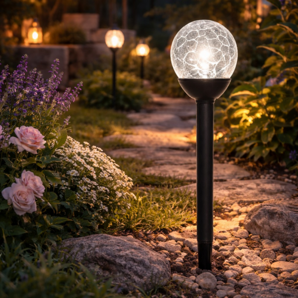 Градинска соларна лампа Solar Glow Ball  LED – Ø11 см стъклена топка, височина 23.5 см