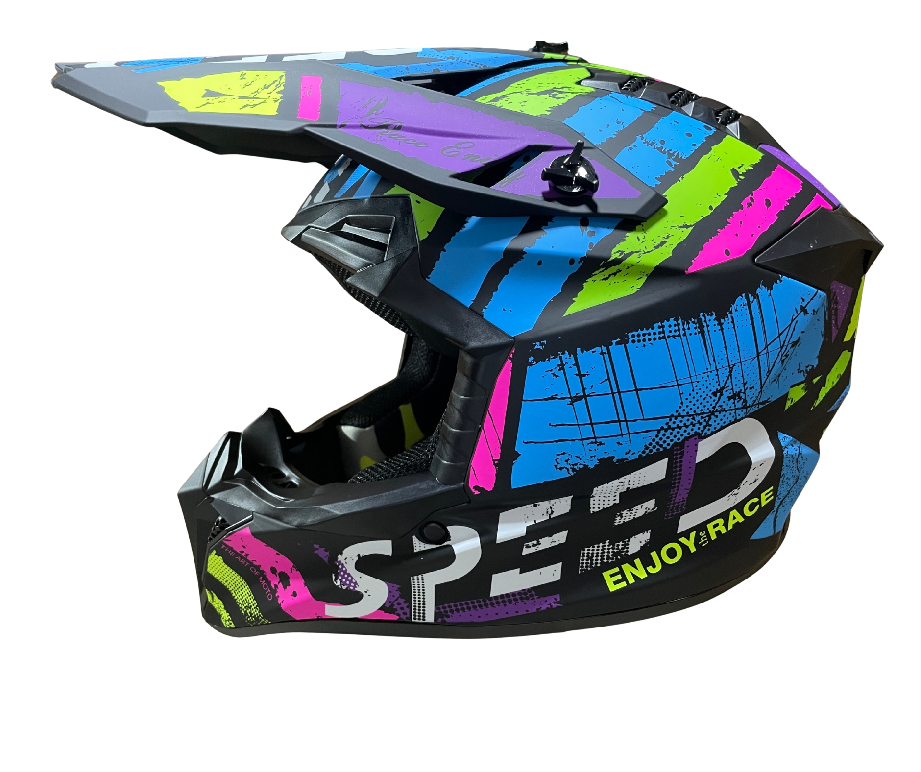 Мотокрос - Ендуро каска за мотор, ATV, велосипед – размер S (53–54 см) черен мат с неонов многоцветен дизайн