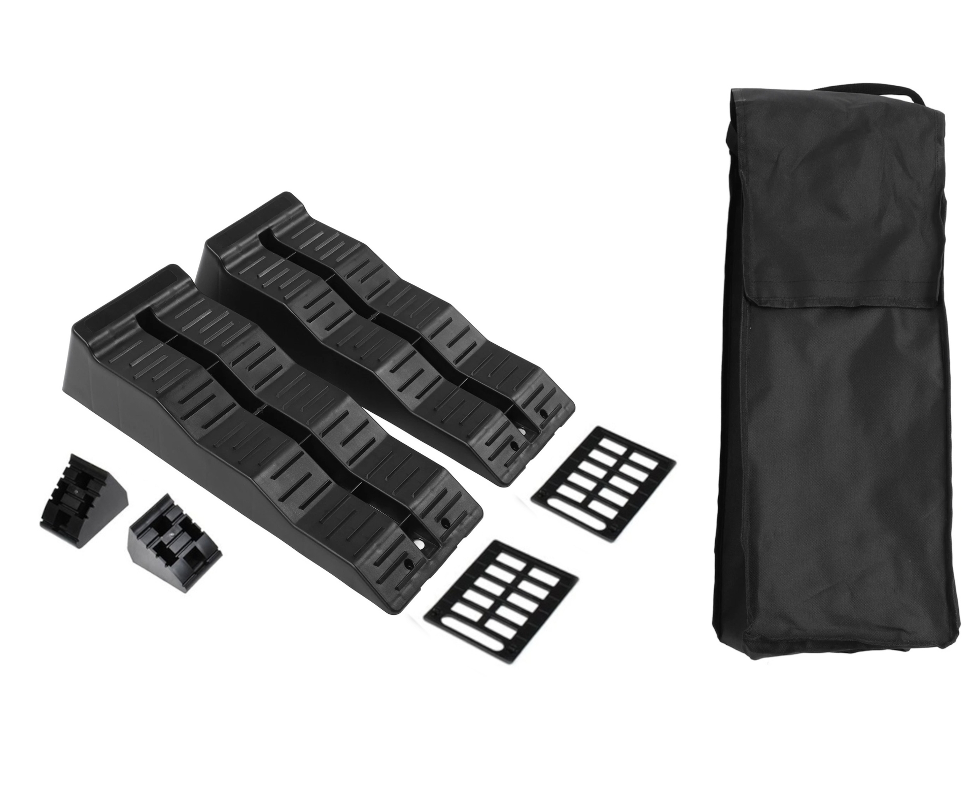 Комплект 2 бр. автомобилни повдигащи / нивелиращи рампи за каравана, кемпер и ремарке 5T + чанта за съхранение