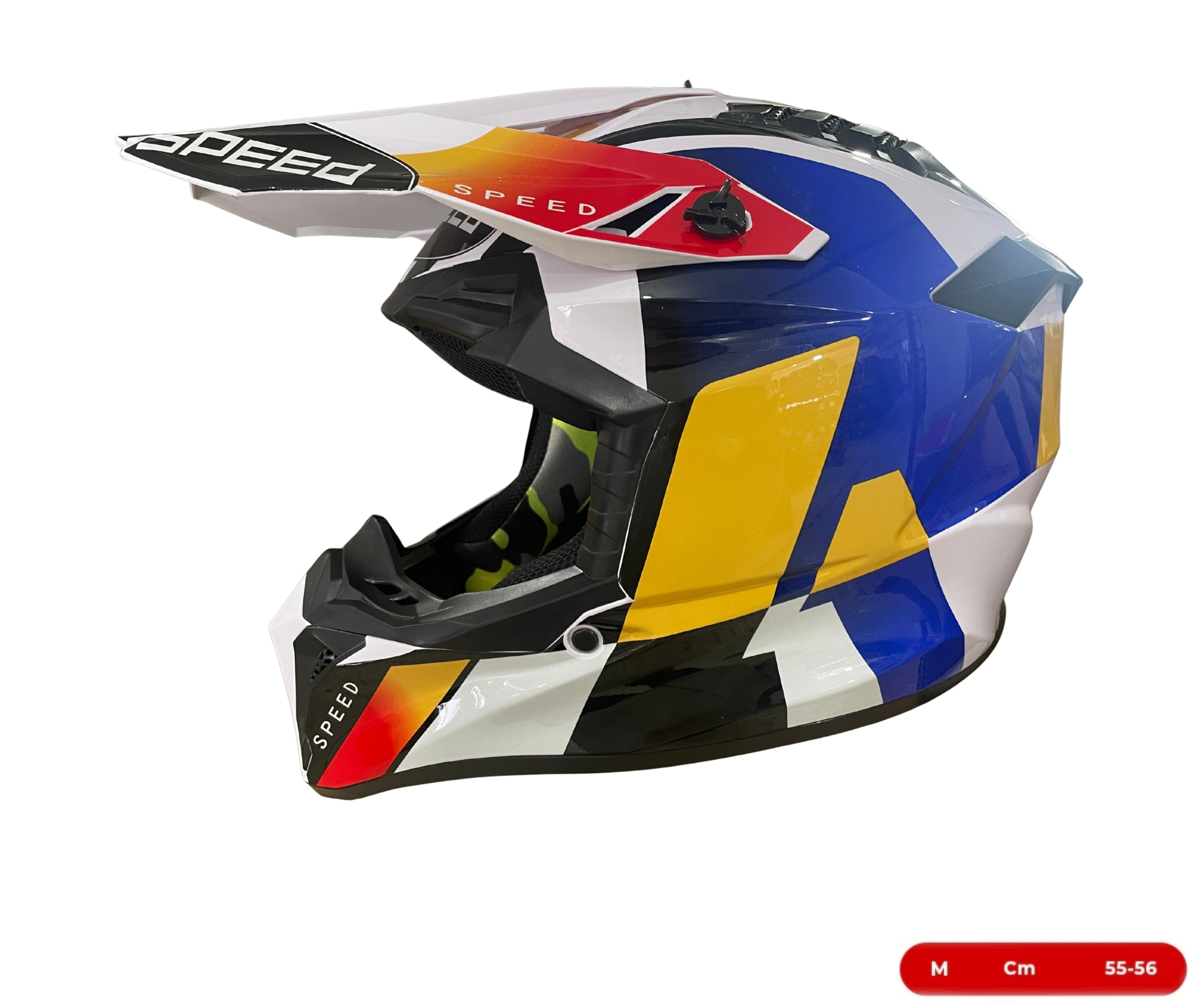 Мотокрос - Ендуро каска за мотор, ATV, велосипед – размер M (55–56 см) бяла с жълто/син дизайн
