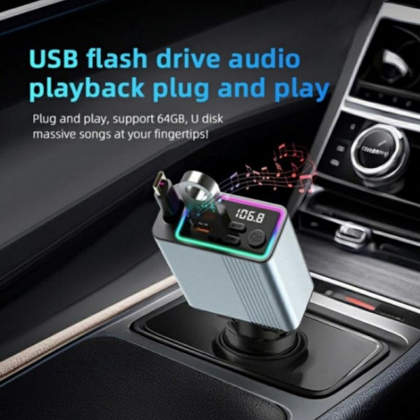 Висок клас FM трансмитер C77  с USB + USB-C, прибиращ се Type-C кабел 75 см и LED осветление, Bluetooth 5.3 и метален корпус