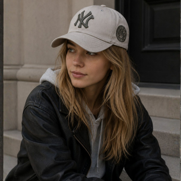 Бейзболна шапка NY: New York YANKEES MLB, пясъчно бежаво, маслено зелено лого, 100% памук, унисекс
