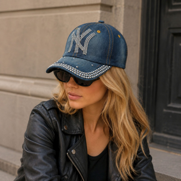 Фешън бейзболна шапка NY: New York YANKEES MLB, деним, оранжев шев, кристали, 100% памук