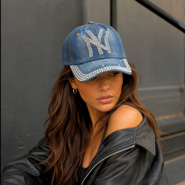 Фешън бейзболна шапка NY: New York YANKEES MLB, деним, оранжев шев, кристали, 100% памук