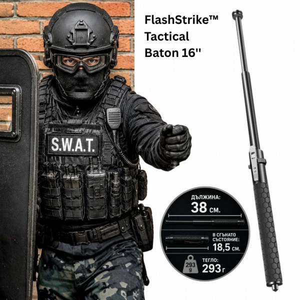 Автоматична телескопична палка FlashStrike™ Tactical Baton 16''/38 см. с шип за чупене на стъкла и лед, с текстилен калъф