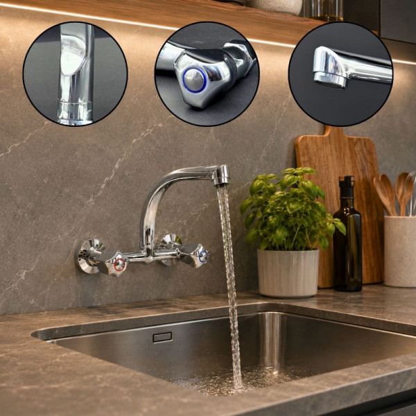 Красива и функционална батерия-смесител с висок чучур, подходяща за кухня, баня и тоалетна. За СТЕНЕН МОНТАЖ