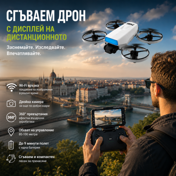 🚁 Интелигентен сгъваем дрон с двойна камера и Wi-Fi управление, с дистанционно С ДИСПЛЕЙ