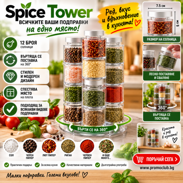 Въртяща стойка- органайзер за подправки Spice Tower с 12 бурканчета