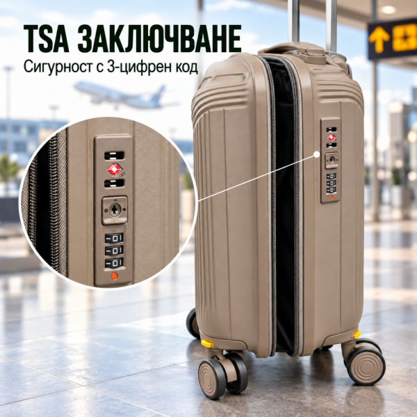 Висок клас куфар ръчен багаж TRANSIT 16″ GOLD, ПОЛИПРОПИЛЕН с TSA заключване и 4 двойни свалящи се колела. 40/28/20 см