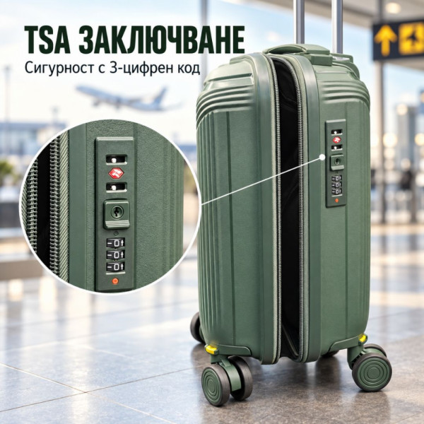 Висок клас куфар ръчен багаж TRANSIT 16″ GREEN, ПОЛИПРОПИЛЕН с TSA заключване и 4 двойни свалящи се колела. 40/28/20 см