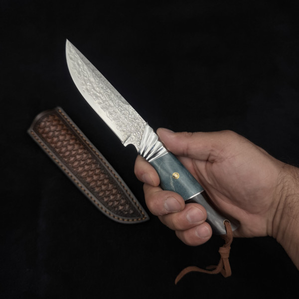 Немски ловен нож DER HUNT 869 Damsakus DRAGON, стомана VG10 67 слоя, опал и махагон, кожена кания